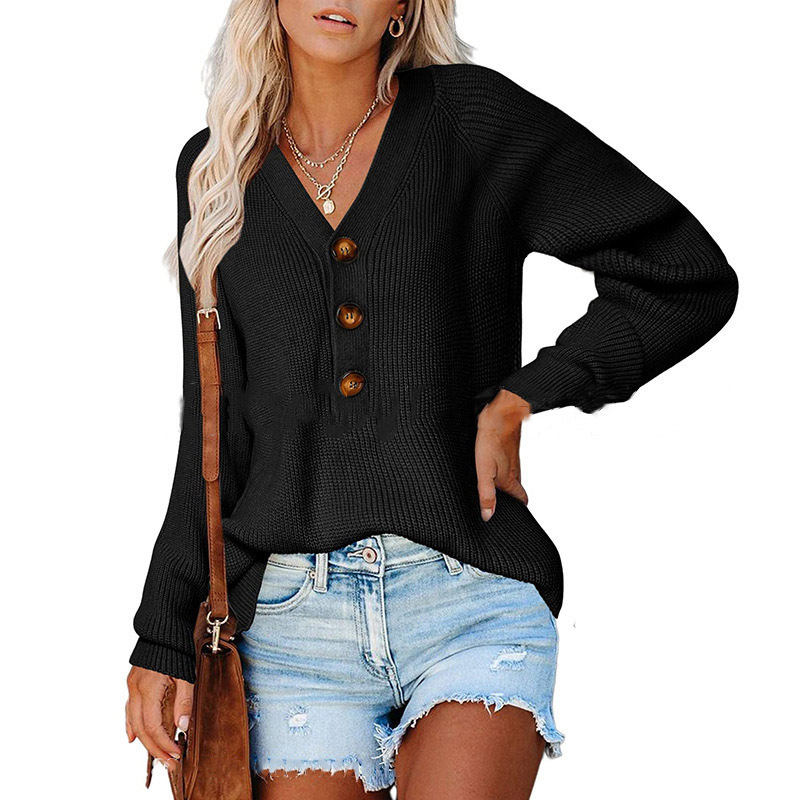 Carefully selected button women's pullover autumn and winter new style loose temperament V-neck knitted sweater_voghion.com