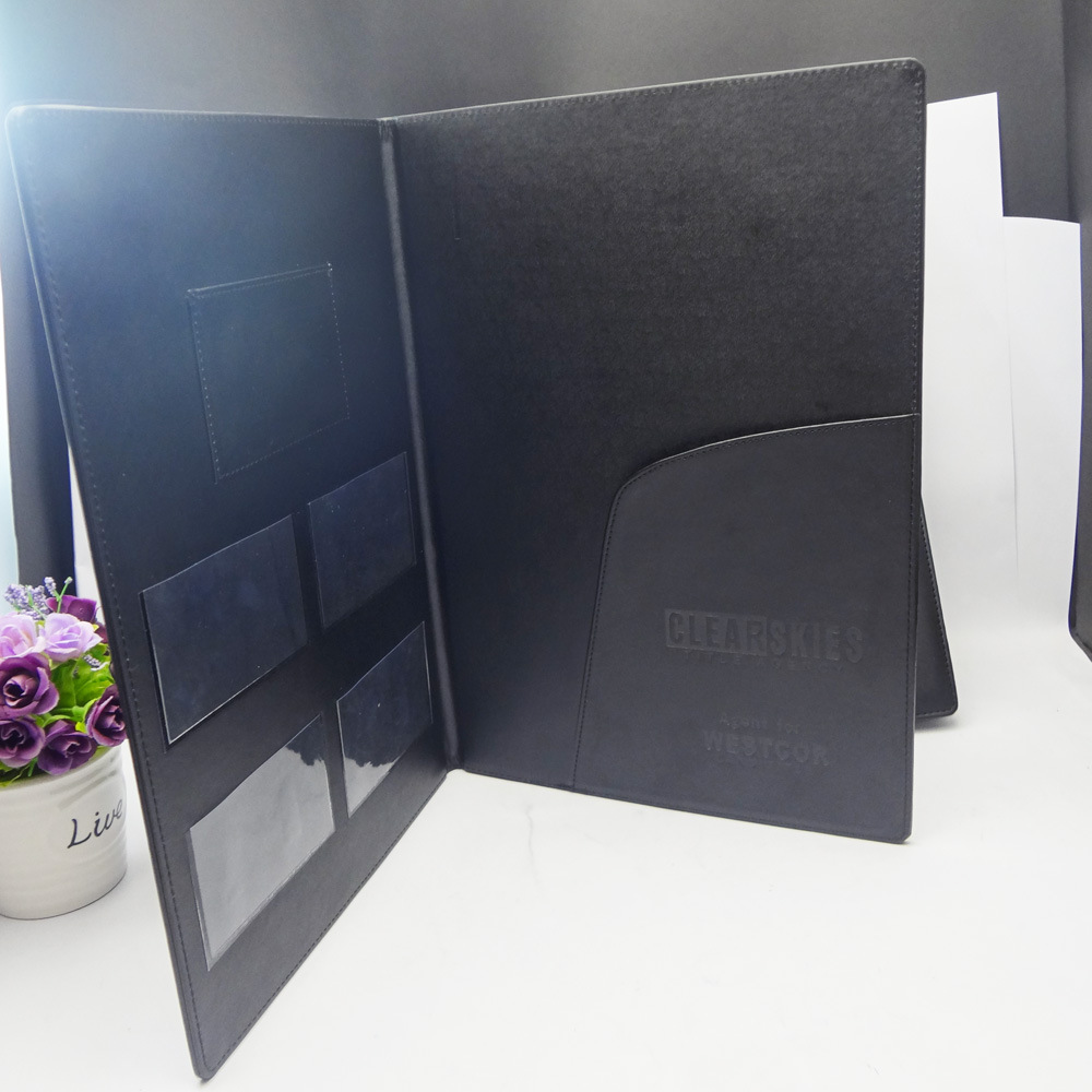 定制Logo黑色Pu皮革多卡位窗口办公收纳A4文件夹仿皮多功能文件包