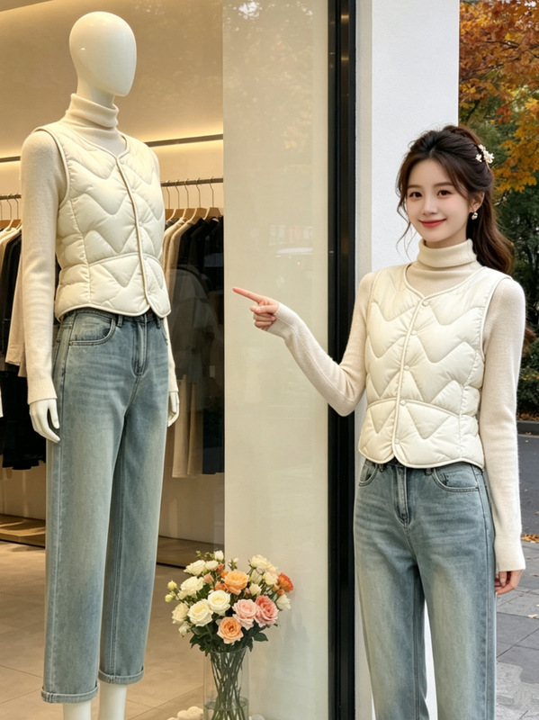 Women's down-filled, fleece-lined vest, new autumn/winter style, thickened for warmth, short V-neck sleeveless inner layer, slim-fit Women's down-filled, fleece-lined vest, new autumn/winter style, thickened for warmth, short V-neck sleeveless inner layer, slim-fit