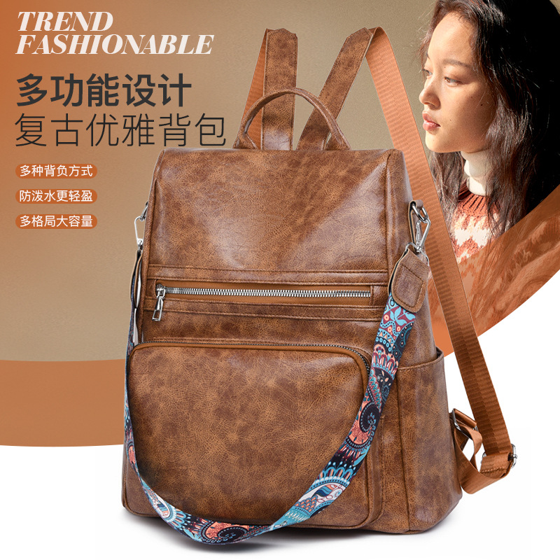 Especial transfronteriza 2024 Nueva Mochila de cuero suave de las mujeres del estilo coreano mochila de viaje antirrobo multifuncional retro de moda