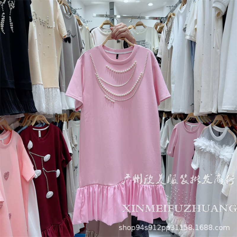 Nanyou European-Style Heavy Beading Patchwork Dress for Women, Summer Short-Sleeve Slimming Plus-Size Elegant Dress Gown Trendy Dress