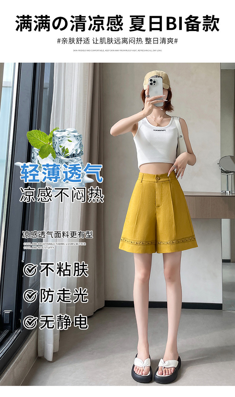 Quần short vải lanh nữ cạp cao ống rộng dáng chữ A — Xanh lông mòng đen chi tiết 18