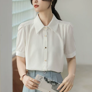 夏季新款短袖衬衫女职业白色衬衣面试正装工作服宽松百搭雪纺上衣