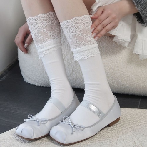 White lace edge ankle socks for spring and autumn, suitable for knights' boots, JK style, showing edge, mid-calf cotton socks, versatile