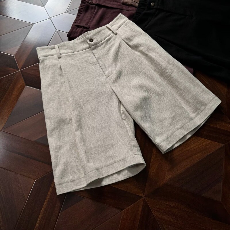 Old Money Style A-Line Linen Shorts for Men, Summer Outerwear with a High-End Feel, Pleated Straight-Leg Loose-Fitting Five-Point Pants