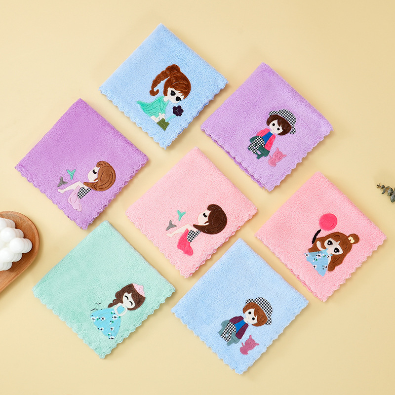 Coral Velvet Towel Thickeneded Lace Small Square Towel Cartoon Girl Embroidered Patch Small Towel Soft Absorbent Beauty Towel Coral Velvet Towel Thickeneded Lace Small Square Towel Cartoon Girl Embroidered Patch Small Towel Soft Absorbent Beauty Towel