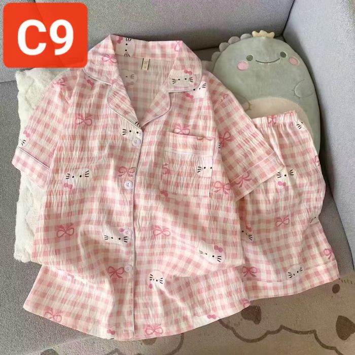 Al por mayor transfronterizo nuevos pantalones cortos de mangas cortas nubes pijamas de algodón de verano dulce cardigán de dibujos animados con solapa ropa para el hogar