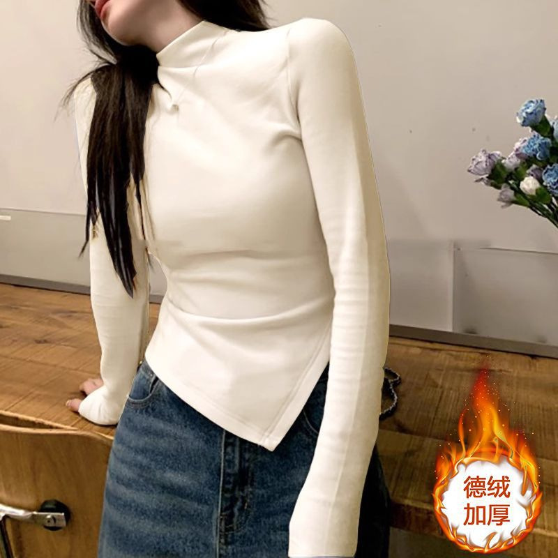 Derong Half Turtleneck Inner Layering Shirt for Women Autumn and Winter 2025 New Style Irregular Sexy Gray Versatile Top Wholesale