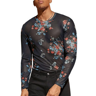 2025 New See-Through Men's Sexy Tight Bottoming Shirt European and American Cross-Border Men's Flower Print Mesh T-Shirt