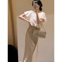 法式高级时尚套装女2025夏季新款气质泡泡袖雪纺衬衫半身裙两件套