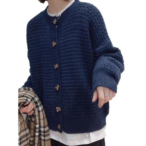 Vintage Crew Neck Sweater Cardigan Women's 2025 Autumn/Winter New Style Casual Soft and Gentle Knitted Sweater Coat