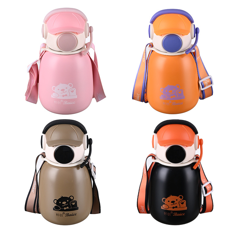 lindas tazas de niños ins niñas de alto valor facial tazas de estómago grandes auriculares oso portátil tazas de alumno de paja de acero inoxidable