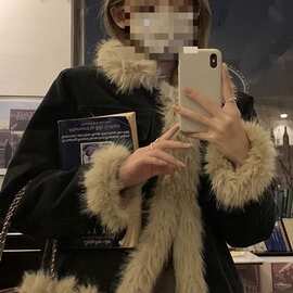 乌时尚感毛绒边拼接牛仔外套复古菱格加厚夹棉保暖上衣女冬