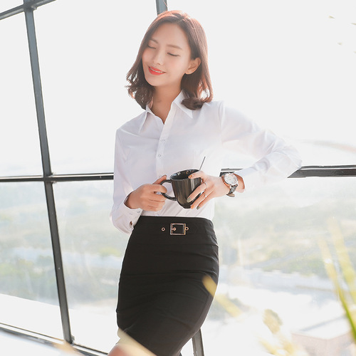 2024 New Women's Long Sleeve White Shirt OL Slim Business Wear Interview Work Clothes Cotton V-Neck Shirt Formal Collar