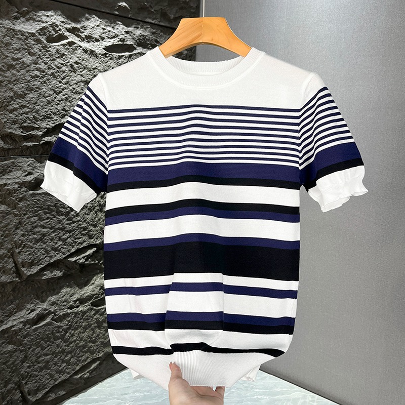 Herren-Strickpullover mit schmaler Passform, Streifenmuster, kurzen Ärmeln und Rundhalsausschnitt im britischen Business-Stil – cooles und elegantes Color-Blocking-T-Shirt für den Sommer_voghion.com