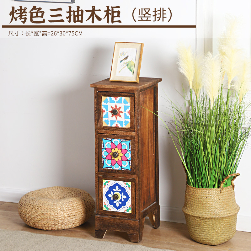 Mesita de noche americana, armario de almacenamiento creativo pastoral retro, armario de almacenamiento de madera, armario de almacenamiento de estilo étnico pintado