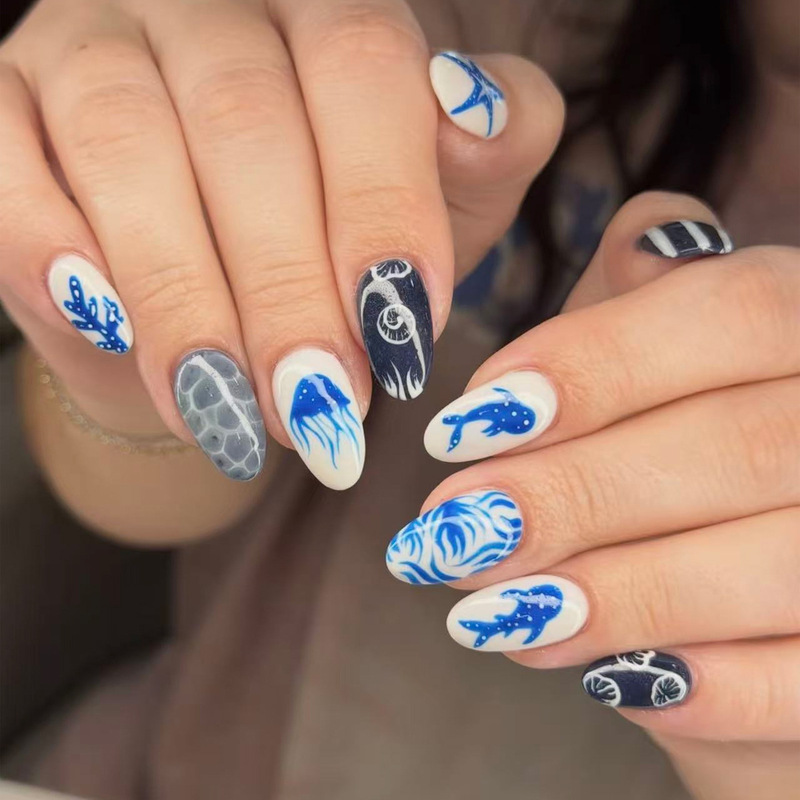 Wave-Patterned Marine Life Coral Design Short Oval Summer Ocean Style Wearable Nail Stickers Wave-Patterned Marine Life Coral Design Short Oval Summer Ocean Style Wearable Nail Stickers
