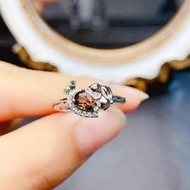 新款天然茶水晶戒指S925银镶嵌主石4*6mm百搭网红爆款女饰批发