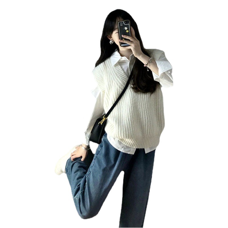 Chaleco de punto blanco apilado ropa de mujer primavera y otoño 2024 nuevo diseño suelto popular sentido cuello en V suéter chaleco superior image 1