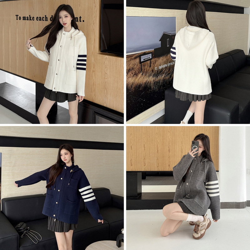 Directly from the manufacturer, TB's new autumn and winter thick-knit four-bar hooded cardigan made of wool blend, unisex Directly from the manufacturer, TB's new autumn and winter thick-knit four-bar hooded cardigan made of wool blend, unisex
