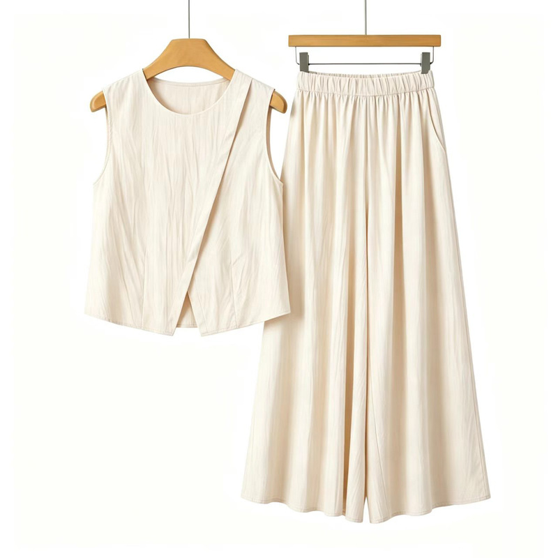 2026 Korean Style Summer New Apricot Color Sleeveless Irregular Top and Wide-Leg Pants Set with Matching Vest Women's Fashion 2026 Korean Style Summer New Apricot Color Sleeveless Irregular Top and Wide-Leg Pants Set with Matching Vest Women's Fashion