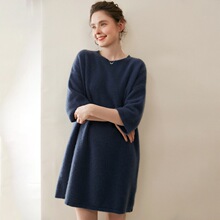 100%纯山羊绒衫女圆领七针加厚七分袖中长款慵懒针织打底连衣裙