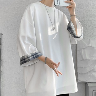 Ice Silk Short-Sleeved T-Shirt Men's Three-Quarter Sleeve Summer Fashion Men's American Heavy Top Loose Ins Trendyy Clothes