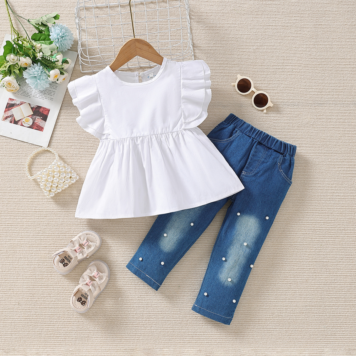 216g Weight Sleeveless Sleeve Length Simple Style Solid Color Pearl Ruffles Cotton Girls Clothing Sets