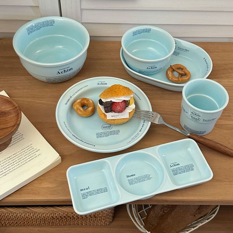 High-End Blue Letter Ceramic Tableware Household Ins One-Person Tableware Set Japanese Dinner Plate Pasta Oval Plate