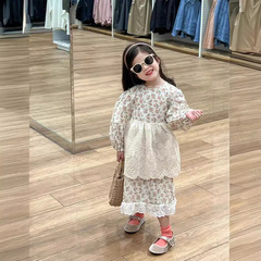 韓國童裝2024女童春秋田園風蕾絲花邊碎花長袖公主連衣裙蕾絲圍兜