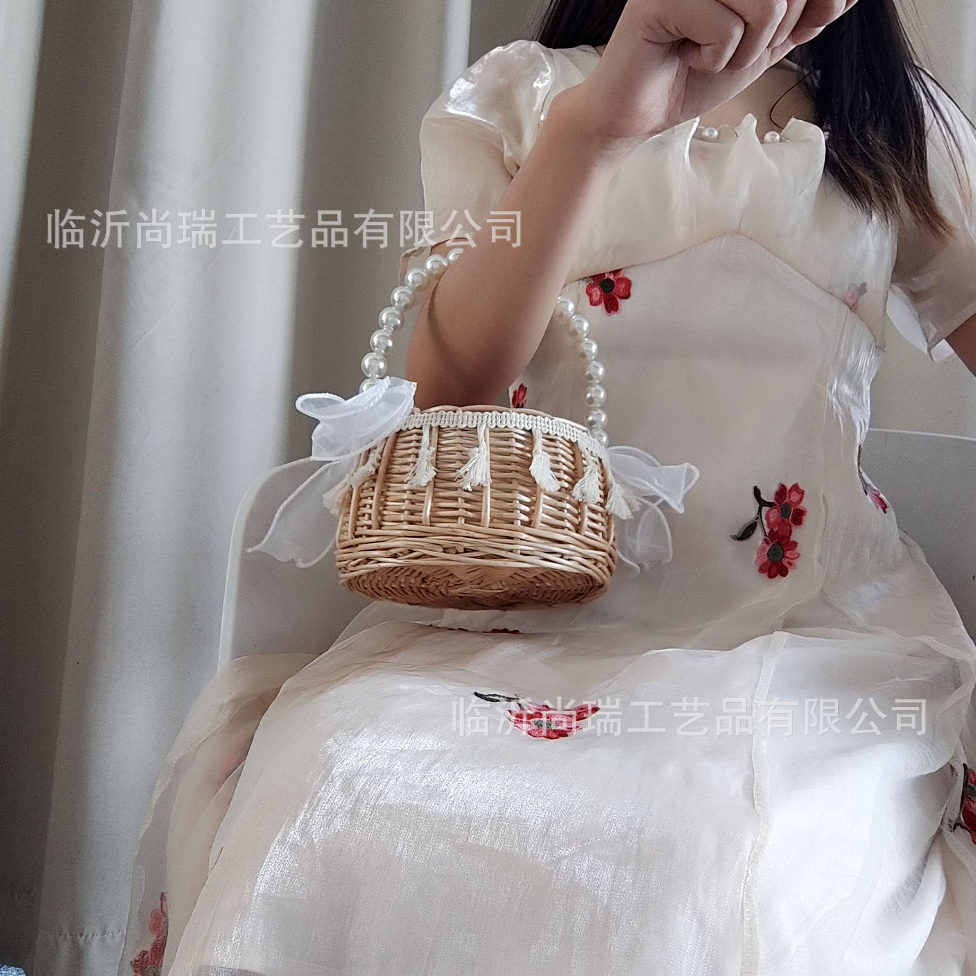 Regalo DE LA MANO perla princesa cesta sauce ratán tejida olla verde rosa flor niños foto cesta arco cinta portátil flor cesta