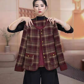 一件代发小香风外套格子宽松圆领新款妈妈装秋季气质女装开衫短款