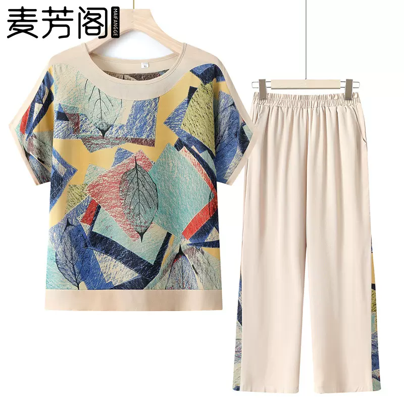 中年妈妈夏装短袖套装女时尚洋气短袖两件套中年人女士夏季衣服薄