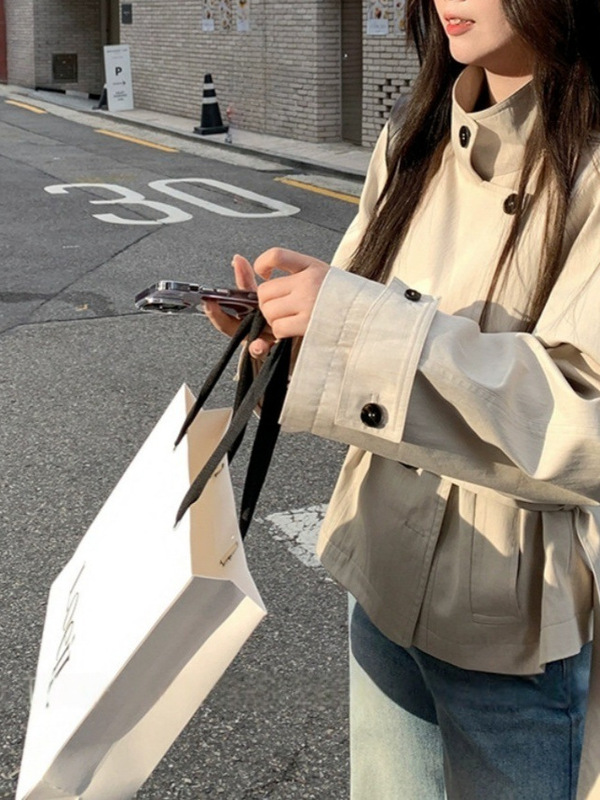 外卖到了【7/5首尔假日】早秋韩系风衣外套女短英伦风立领腰|undefined