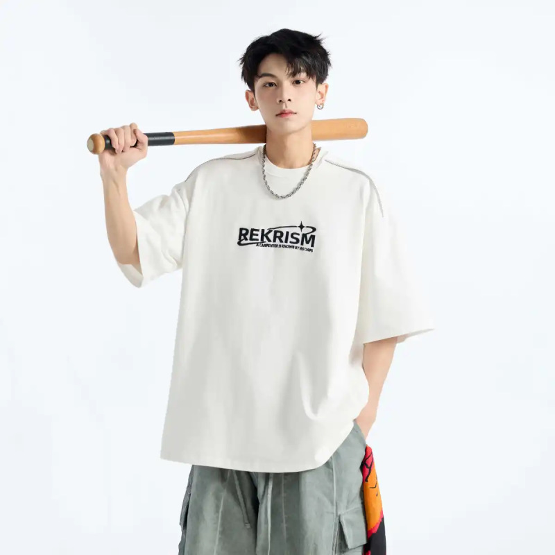 アルファベット刺繍半袖tシャツ男子夏の薄手の丸首五分袖上着の潮牌ゆるい半袖|undefined