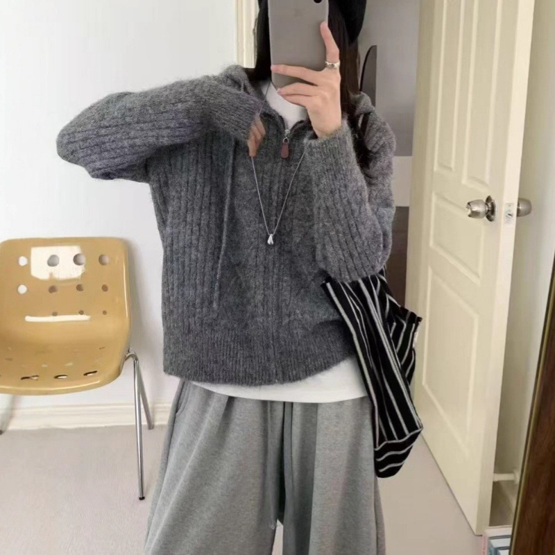 韩系秋冬新款针织连帽开衫女宽松慵懒风小个子纯色软糯外套毛衣女|undefined