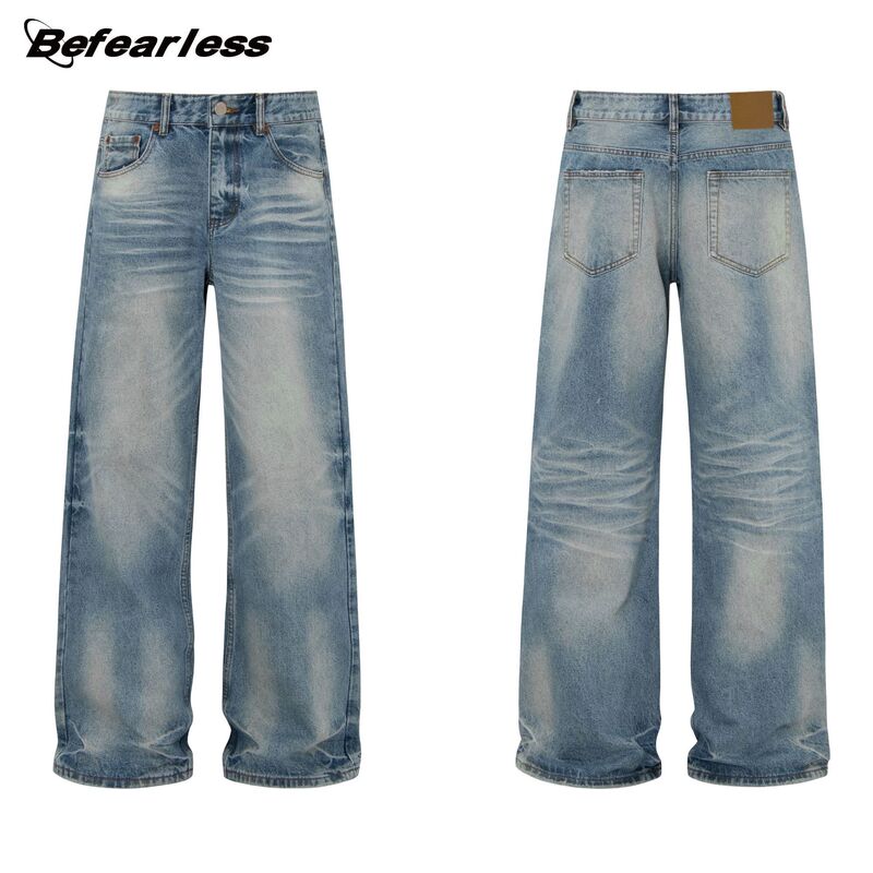American Retro 17.6oz Heavy Washed Whiskered Flared Jeans Trendy Brand Unisex Loose Straight Casual Pants