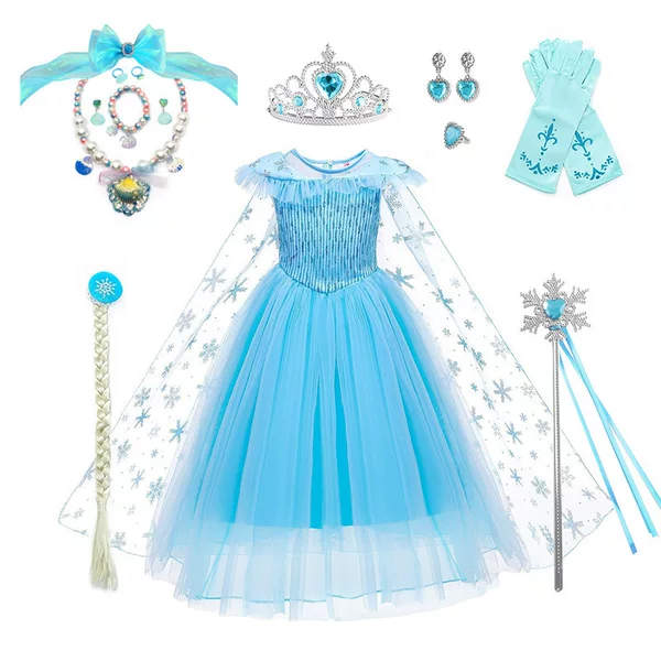 Cross-Border Foreign Trade Ice Queen Dress Fluffy Gauze Dress with Cape Frozen Elsa Princess Dress