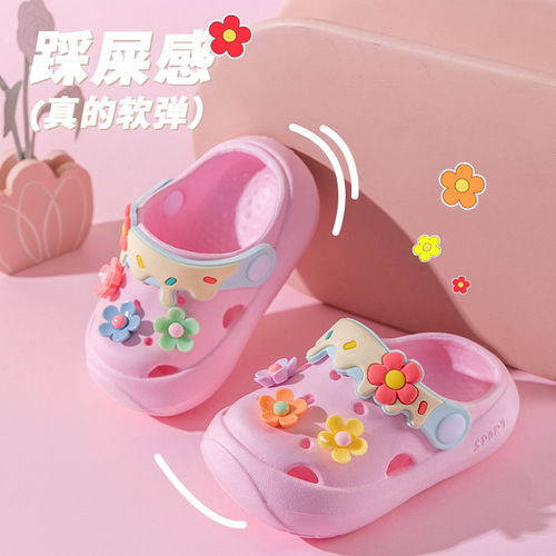 Children's Flower Hole Shoes for Girls, 2024 Summer New Model, Eva Outer Wear Soft Sole Anti-Slip Baby Head Covering Cool Slippers