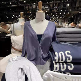 BM风美式休闲夜幕蓝V领薄款毛衣BM松弛慵懒风针织开衫外套上衣