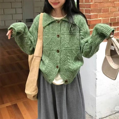 韩系设计感减龄翻领软糯毛衣女上衣秋冬新款宽松保暖长袖针织开衫