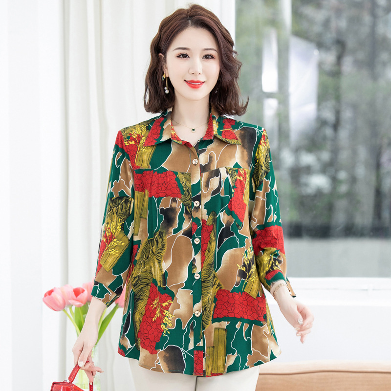 New Stylish Wide-Neck Blouse, Thin Mother's Day Gift for Mom, Middle-Aged and Elderly Women's Cotton Silk Top for Summer