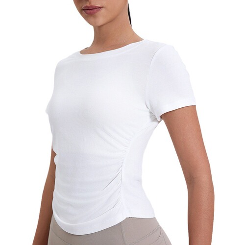 Yuejia Spring and Summer Round Neck Gathered Bottoming Shirt Casual Sports Short Sleeve Slim Fitness Yoga Wear Sports Top for Women