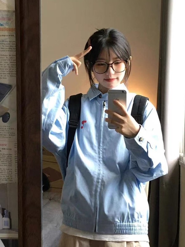 春秋浅蓝色外套女爆款新款日系小个子百搭棒球服宽松休闲翻领夹克|undefined