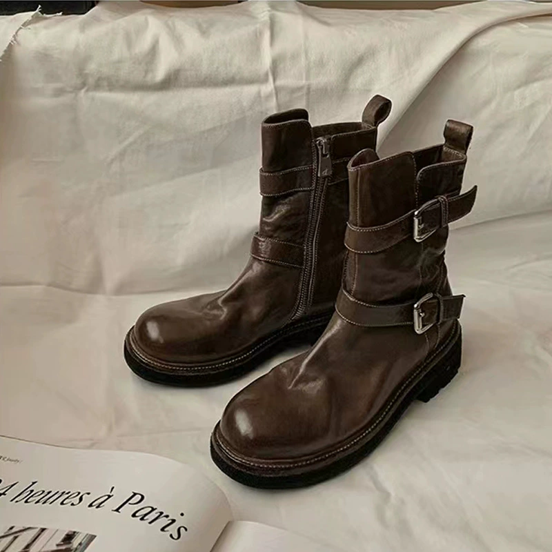 Виноградная мама в том же стиле Популярные в Интернете популярные мотоциклетные ботинки Martin на толстой подошве с пряжкой на поясе, Мытые термоусадочные тонкие короткие сапоги из лошадиной кожи для женщин