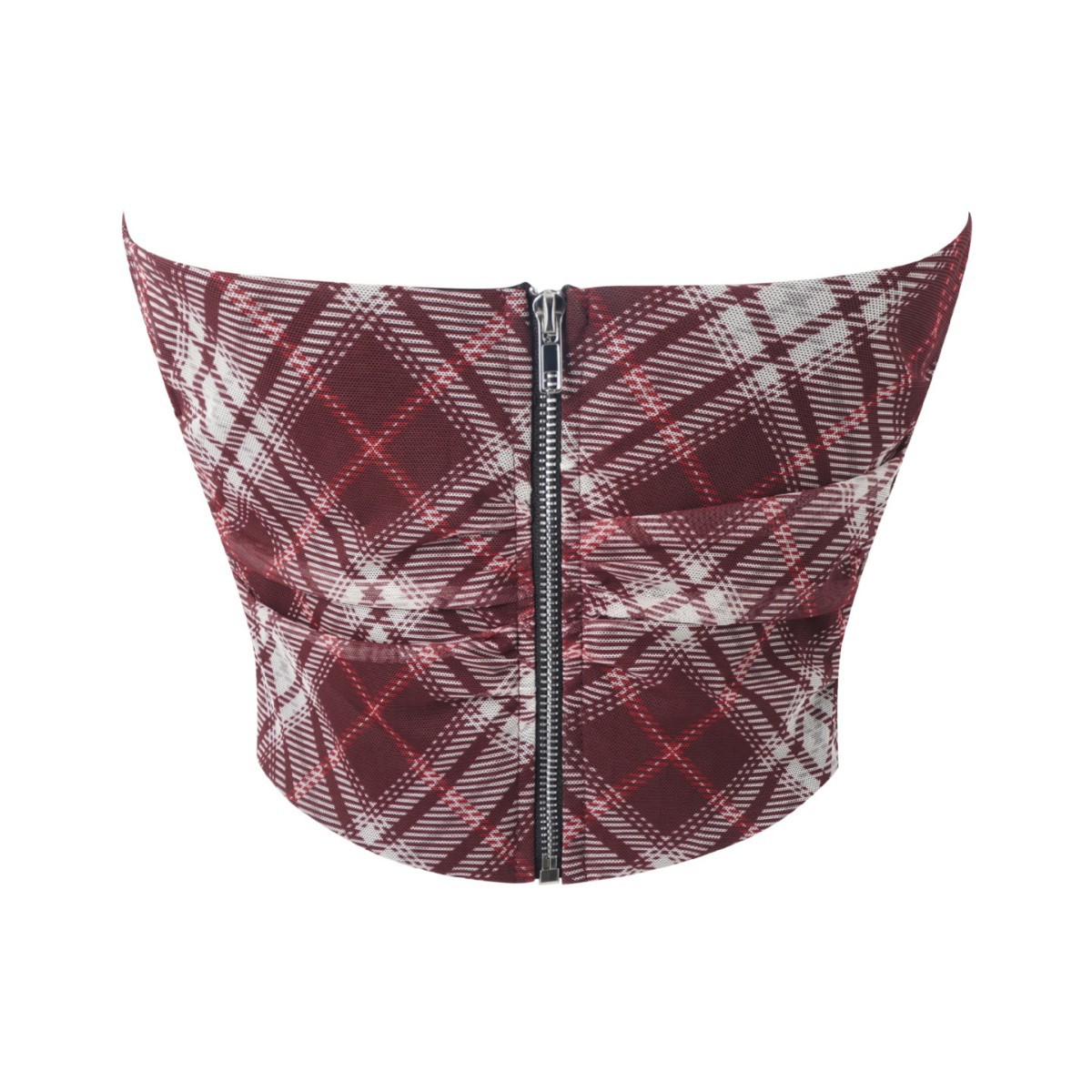 Nueva parte superior de tubo con cremallera trasera de malla a cuadros europea y americana, sin almohadilla para el pecho, top moldeador de huesos de pescado, fuente de comercio electrónico transfronterizo