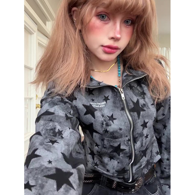 American Retro Star-Printed Camouflage Zipper Cardigan Hooded Sweatshirt for Women Autumn and Winter Sexy Short Jacket Ins