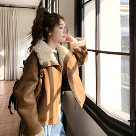 美拉德棕色仿皮毛一体羊羔毛皮衣外套女秋冬季韩系小个子pu皮棉服