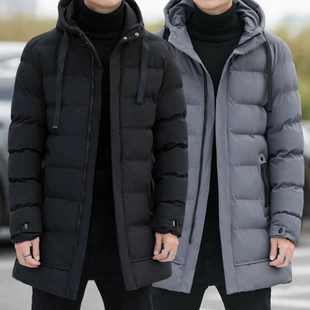 Long winter men's down jacket with hood, mid-length