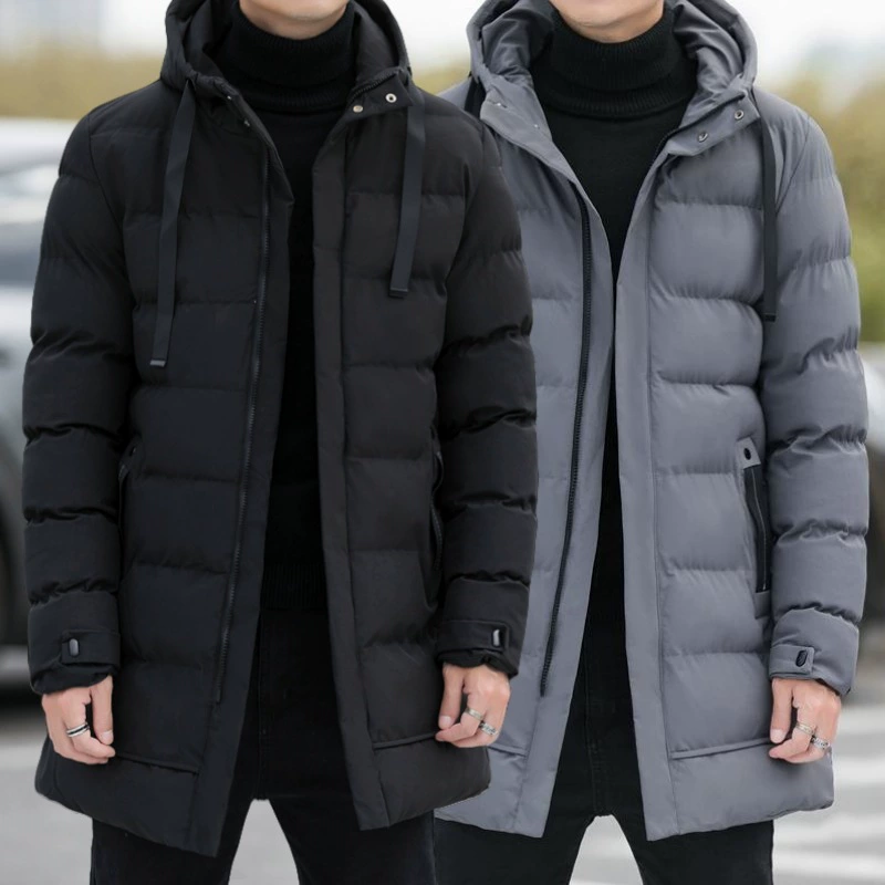 Long winter men's down jacket with hood, mid-length